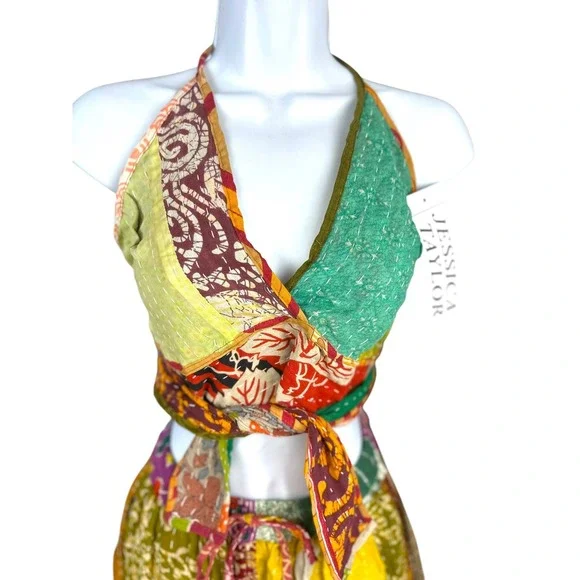 Jessica Taylor Kantha Patchwork 2 Piece Set Multicolor NWT Halter Tank , Shorts - Picture 5 of 9